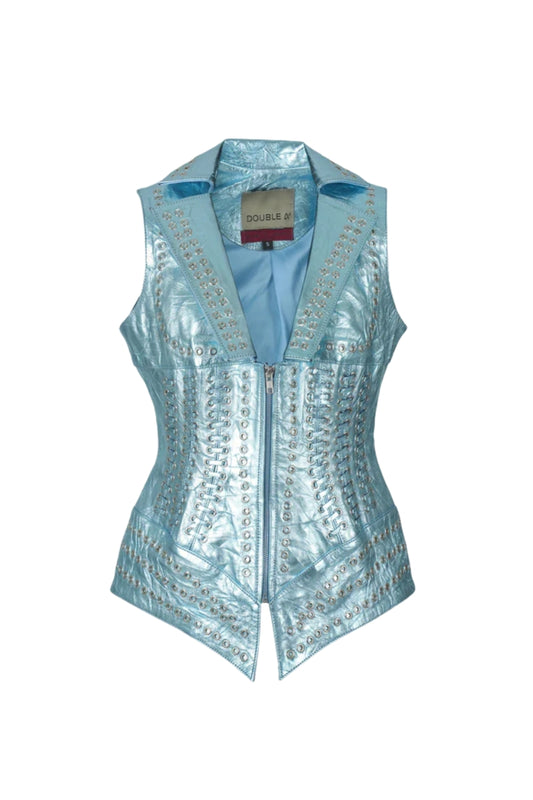 Kayla Leather Vest Crinched Baby Blue