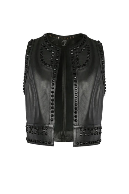 Yin Yang Studded Leather Vest Black