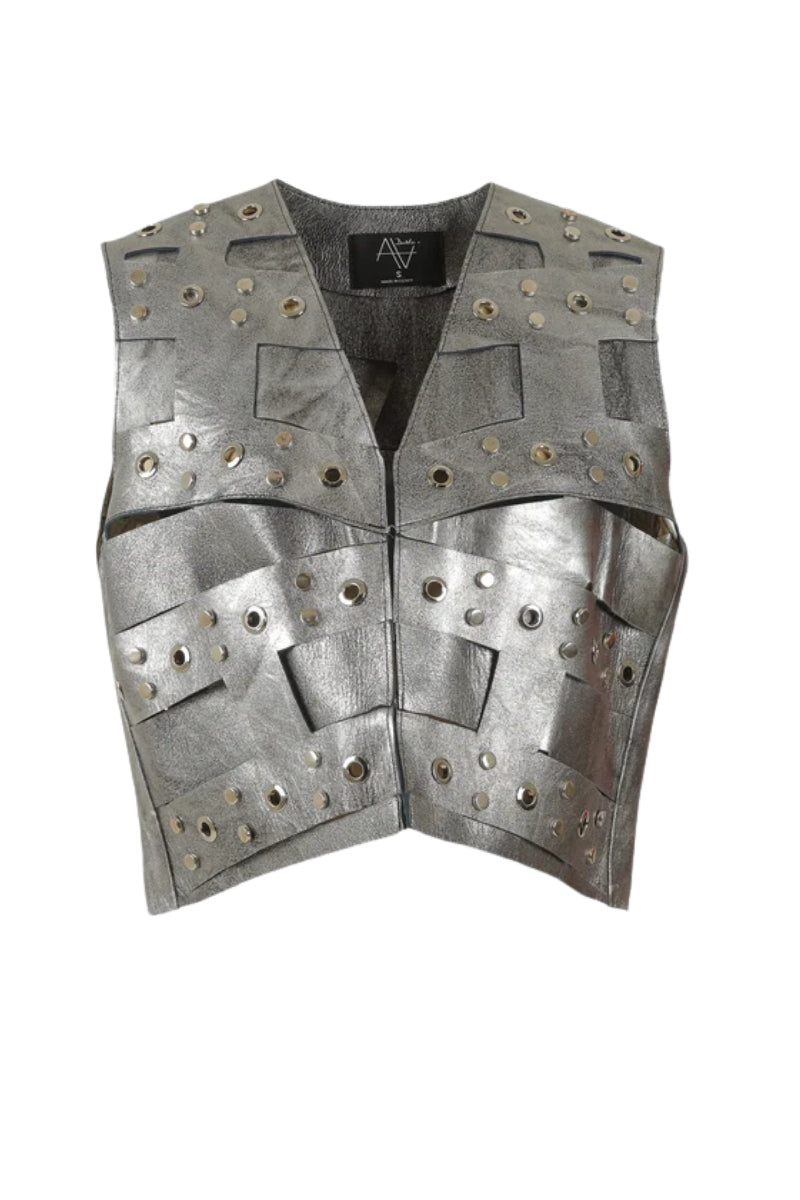 Aiden Studded Leather Vest Washed Silver