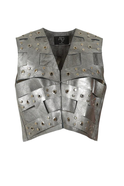 Aiden Studded Leather Vest Washed Silver