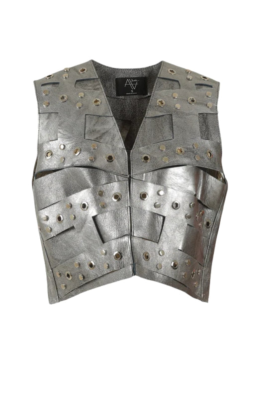 Aiden Studded Leather Vest Washed Silver
