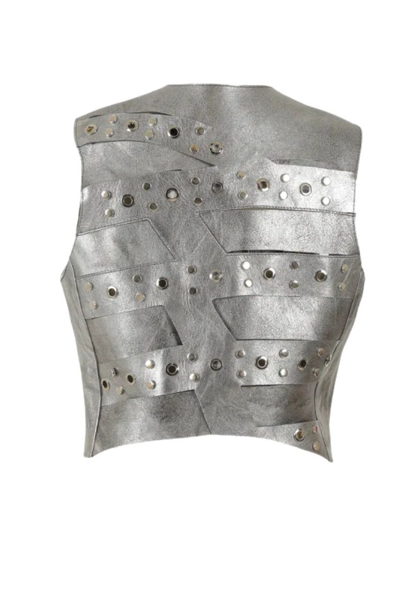 Aiden Studded Leather Vest Washed Silver