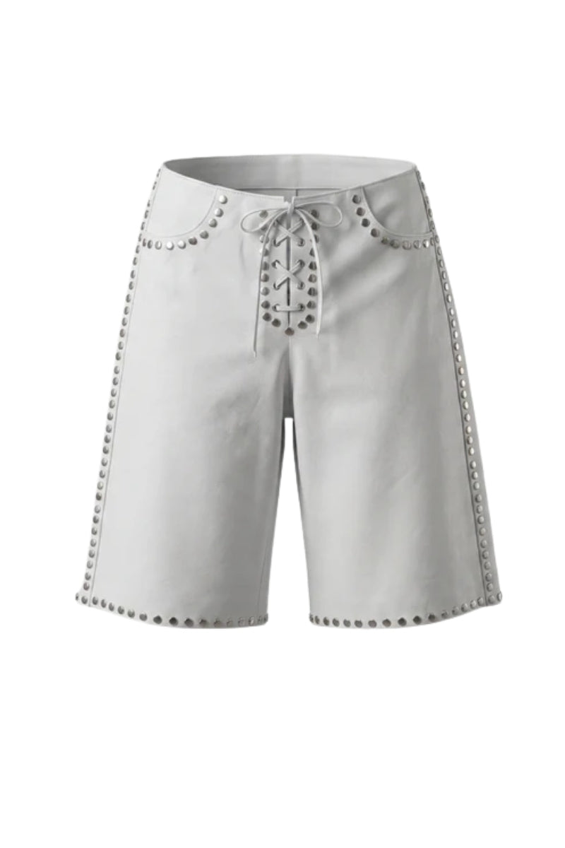 Callie Leather Studded Shorts White