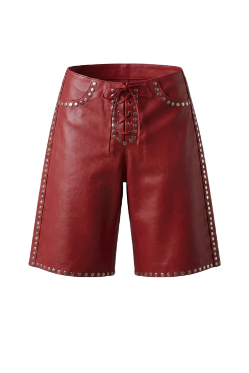Callie Leather Studded Shorts Red