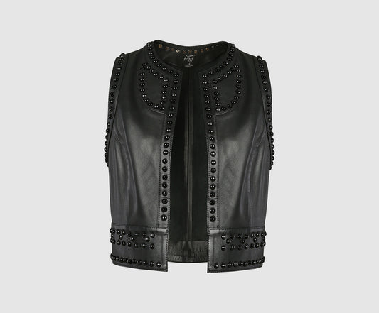 Yin Yang Studded Leather Vest Black