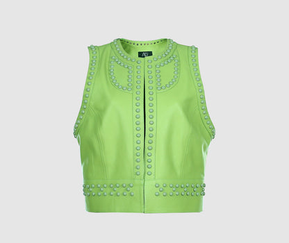 Yin Yang Studded Leather Vest Lime Green