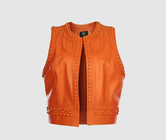 Yin Yang Studded Leather Vest Orange