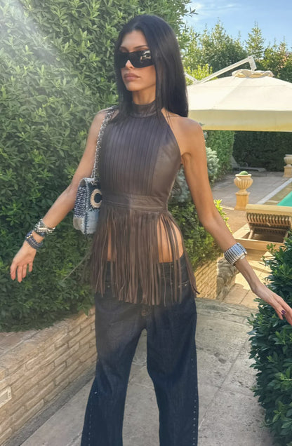 Double A X LJ Garrison Brown Leather Top